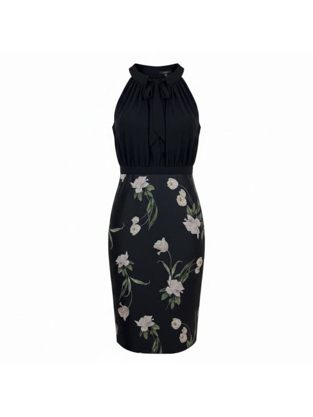 Ted Baker Sabbie Sheath Dress Size 3 = 8 Black Floral Neck Tie Sash Pleated